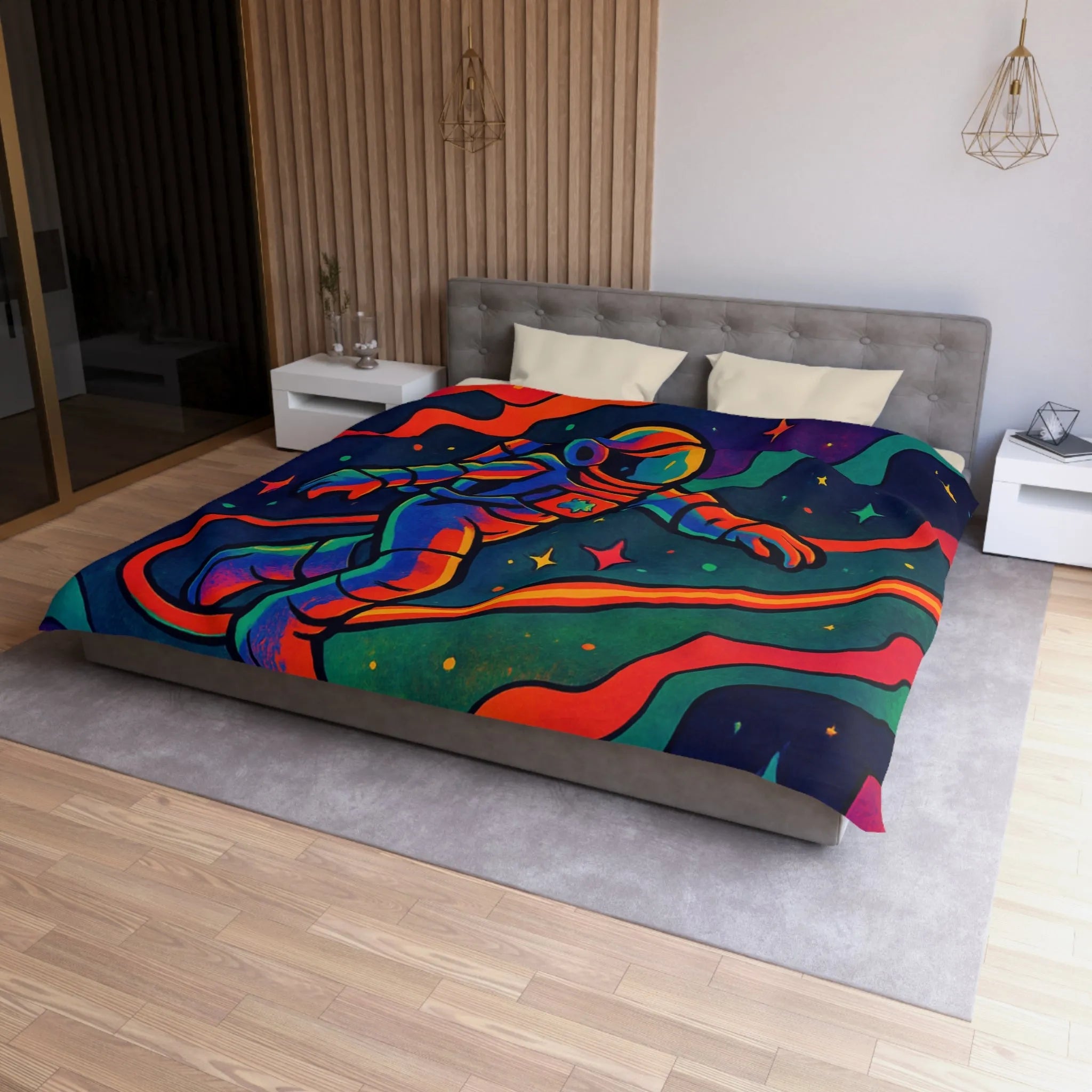 Housse de couette astronaute flottant dans un cosmos aux couleurs psychédéliques vibrantes
