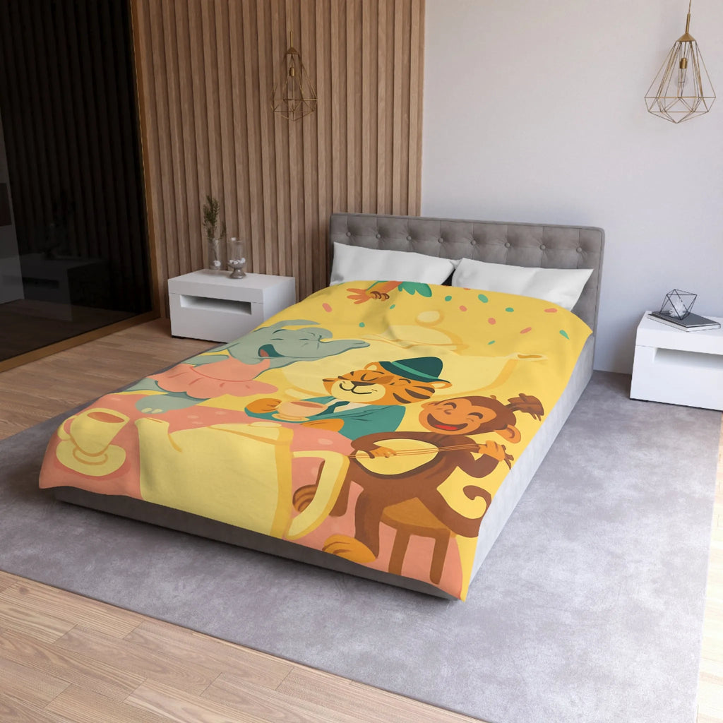 Housse de couette enfantine colorée avec éléphant, tigre et singe en fête joyeuse