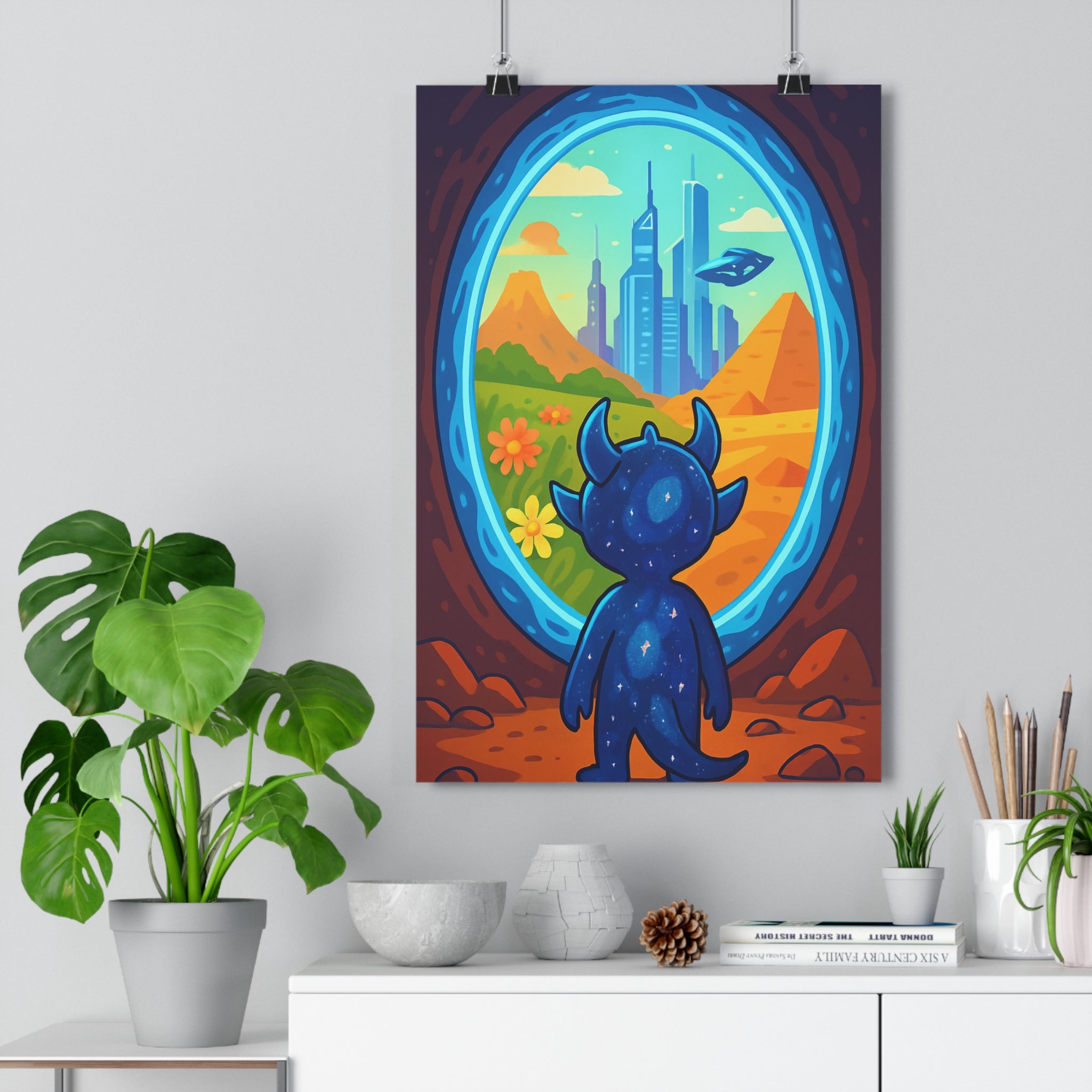 Poster décoratif sciencefiction bleu orange cartoon futuriste aventure chambre créature portail lumineux espace moderne