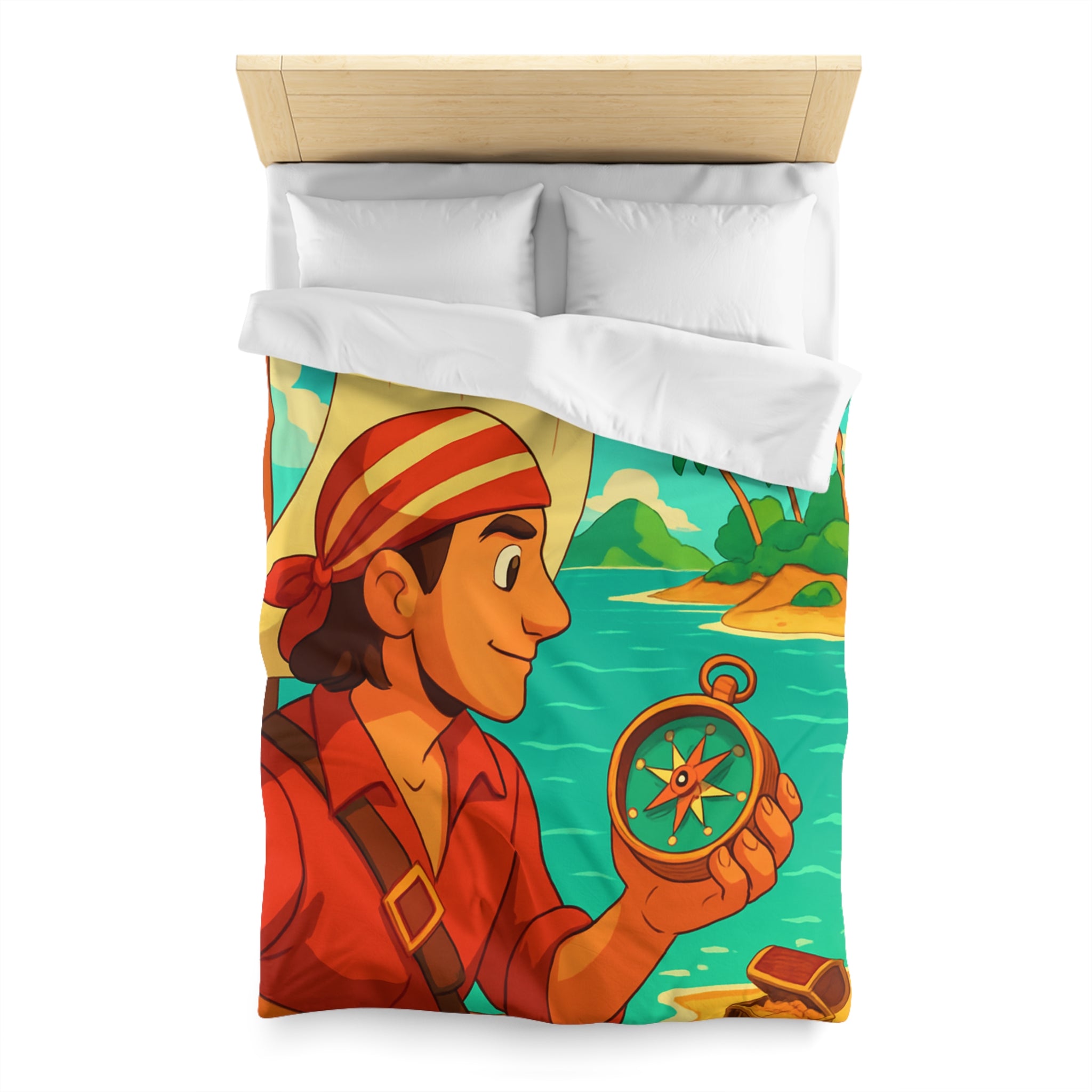 Housse de Couette Pirate Aventure avec Boussole et Trésor Île Ensoleillée