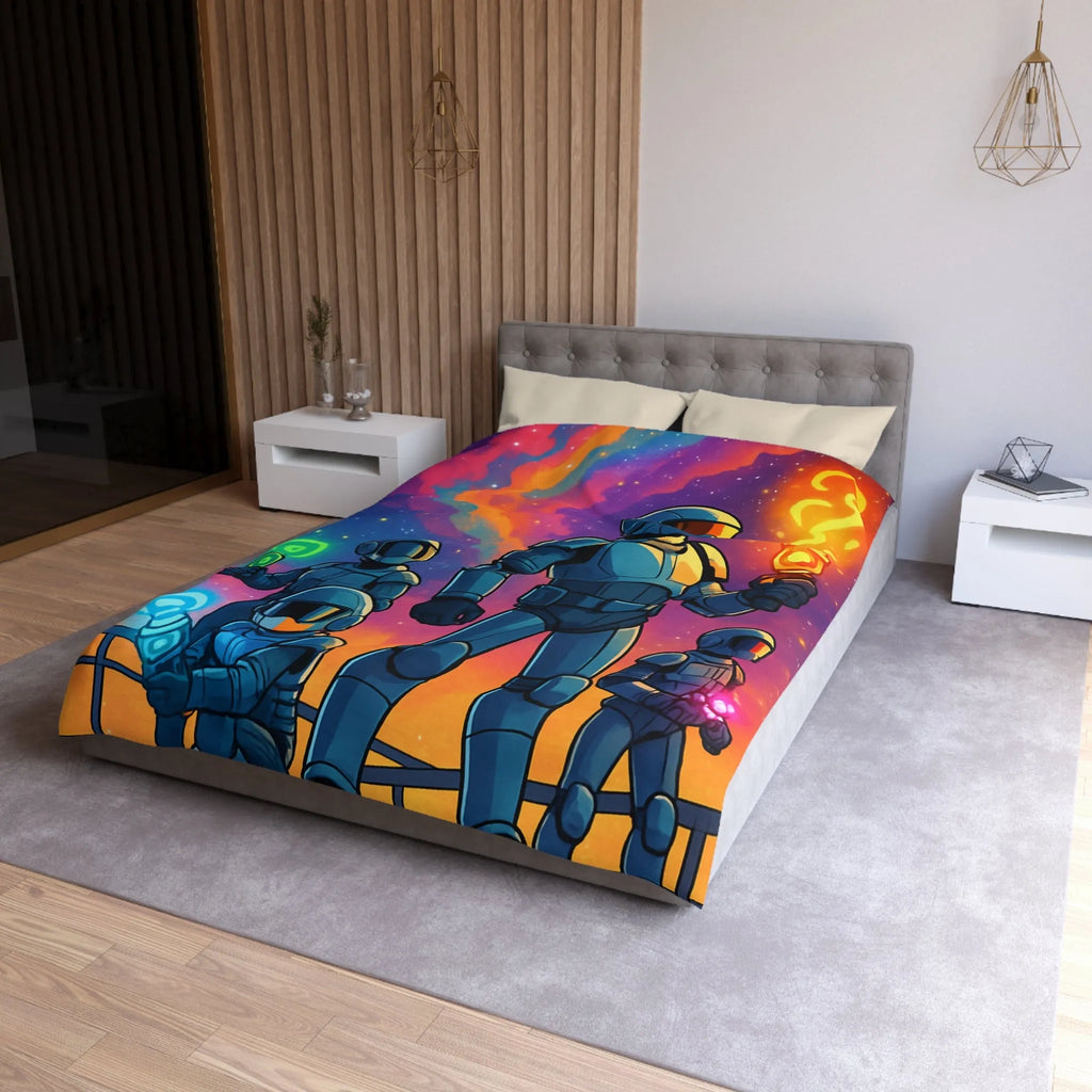 Housse de couette futuriste colorée avec quatre astronautes sous galaxie vibrante et étoilée