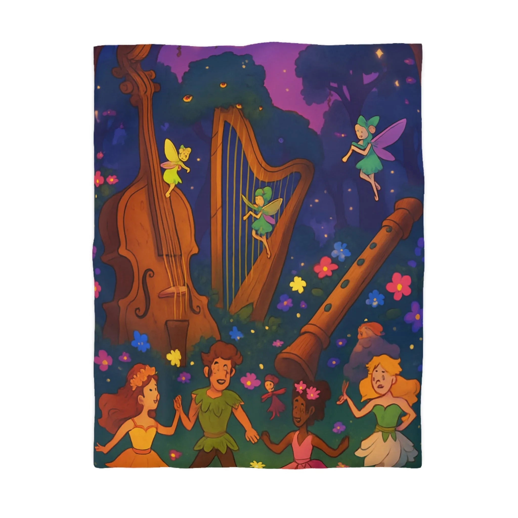 Housse de couette féérique forêt musicale, fées dansant avec fleurs et instruments enchanteurs