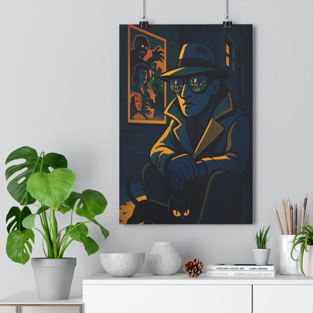 Poster décoratif contemporain film noir cartoon sombre bleu jaune mystère salon bureau ambiance intrigante