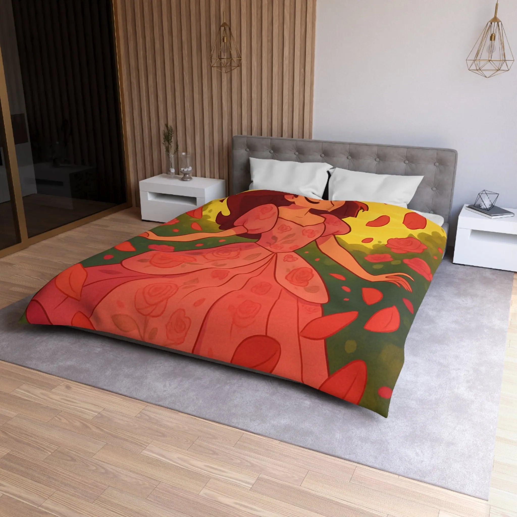 Housse de couette délicatement illustrée avec motif de danse joyeuse parmi les roses rouges