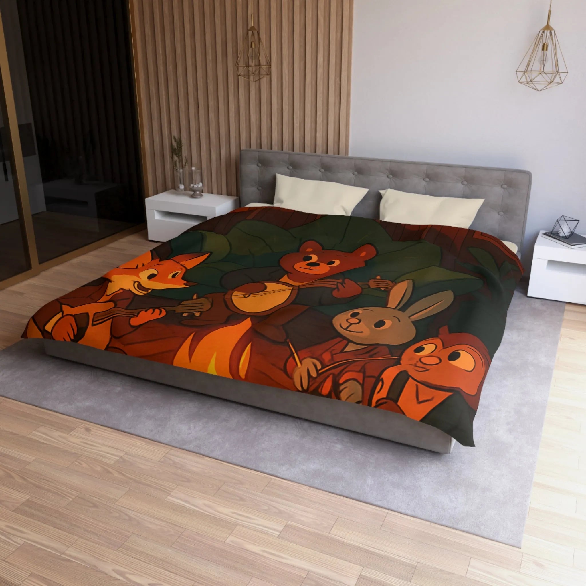 Housse de Couette Animaux Musiciens Autour Feu de Camp Ambiance Cosy pour Chambre Enfant