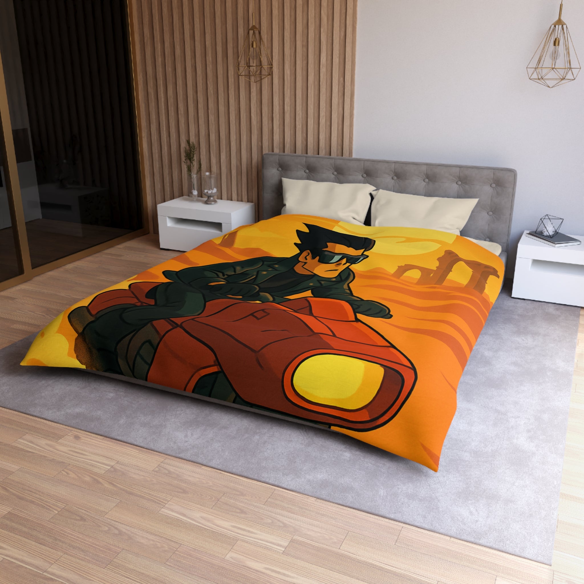 Housse de couette moto futuriste sur désert orangé avec soleil couchant et ruines