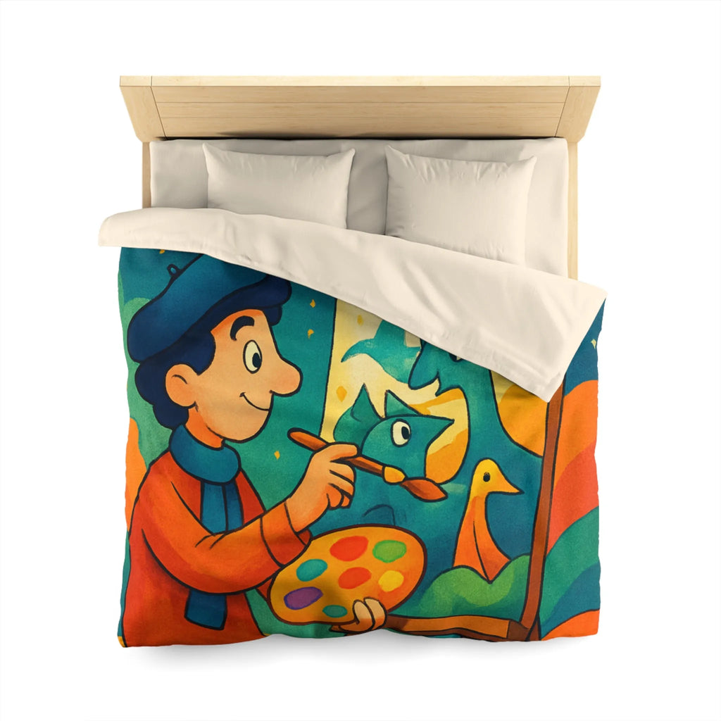 Housse de couette artistique colorée avec peintre et créatures fantaisistes en arrière-plan étoilé