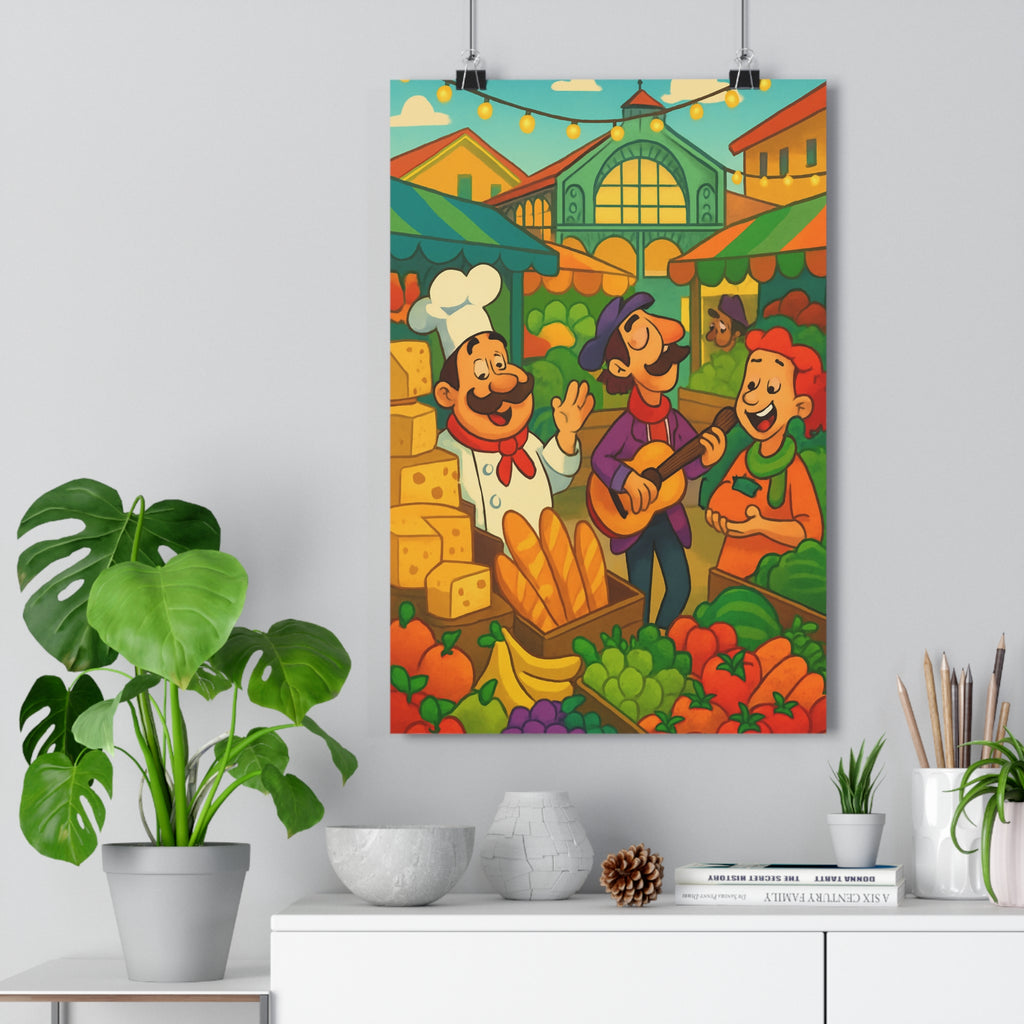 Poster décoratif coloré dessin animé joyeux marché fruits légumes salon cuisine muraux festif élégant