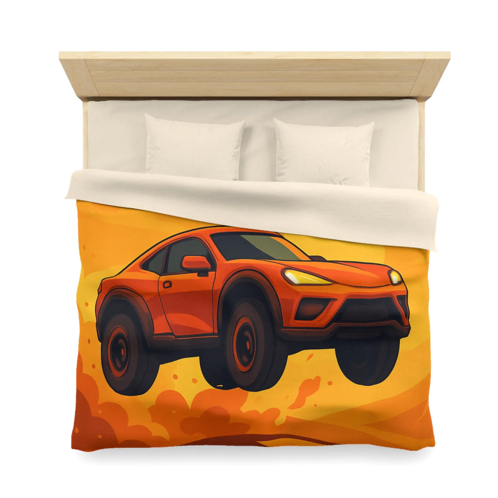 Housse de couette design voiture saut désert couleur orange coucher de soleil