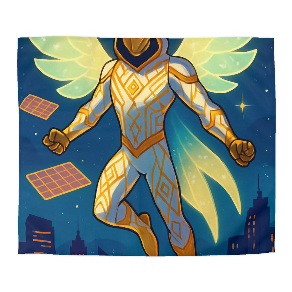 Housse de couette avec héros ailé lumineux sur ciel étoilé et ville futuriste