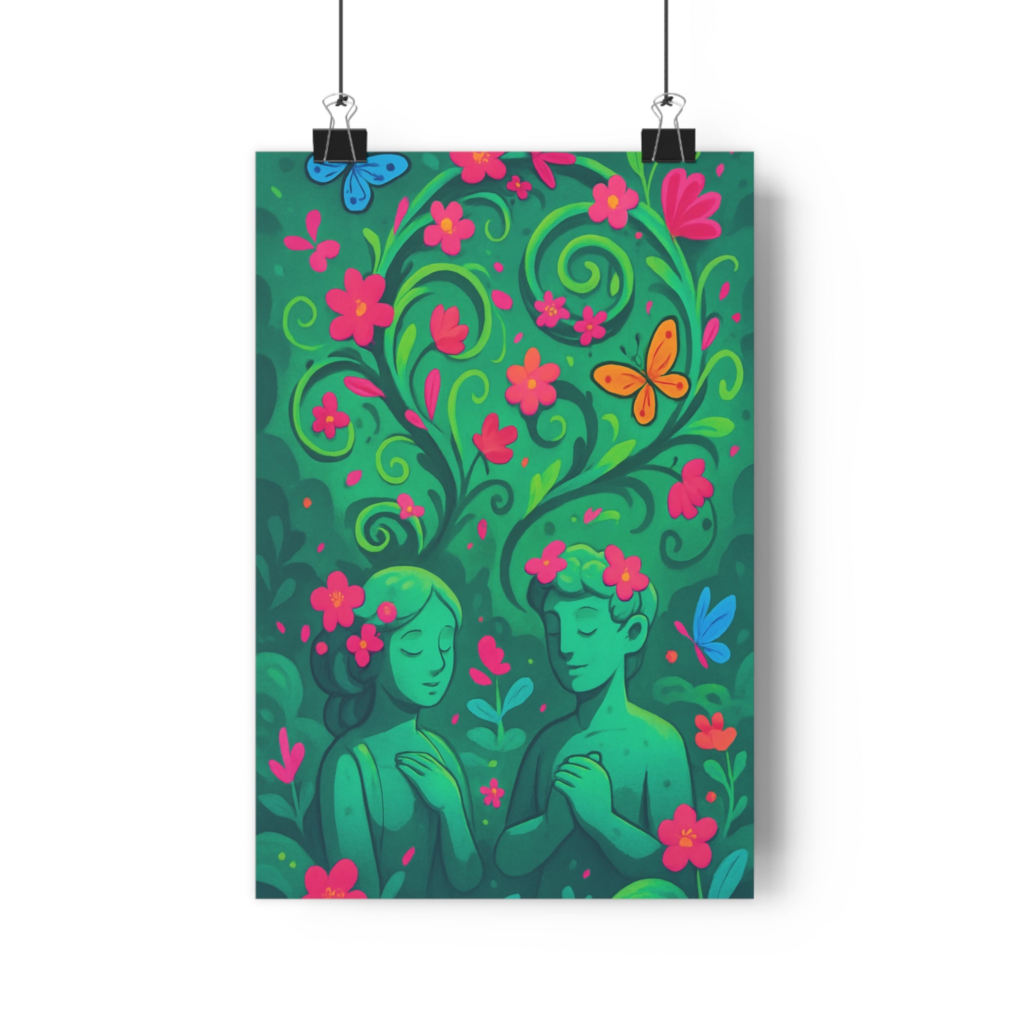 Poster décoratif jardin enchanté fantasy cartoon magique vert rose chambre enfant apaisant 30x46 cm