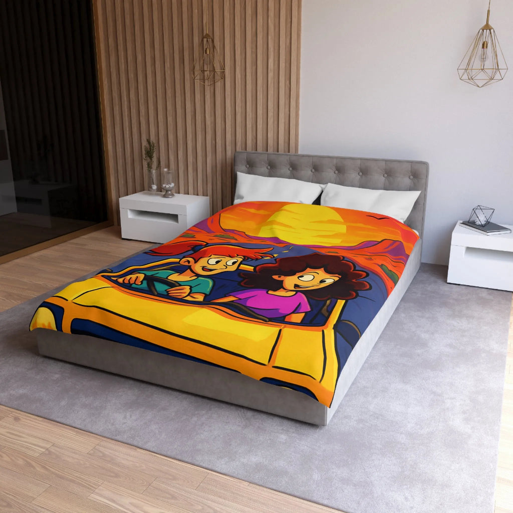 Housse de couette lumineuse pour enfants avec coucher de soleil animé en voiture joyeuse