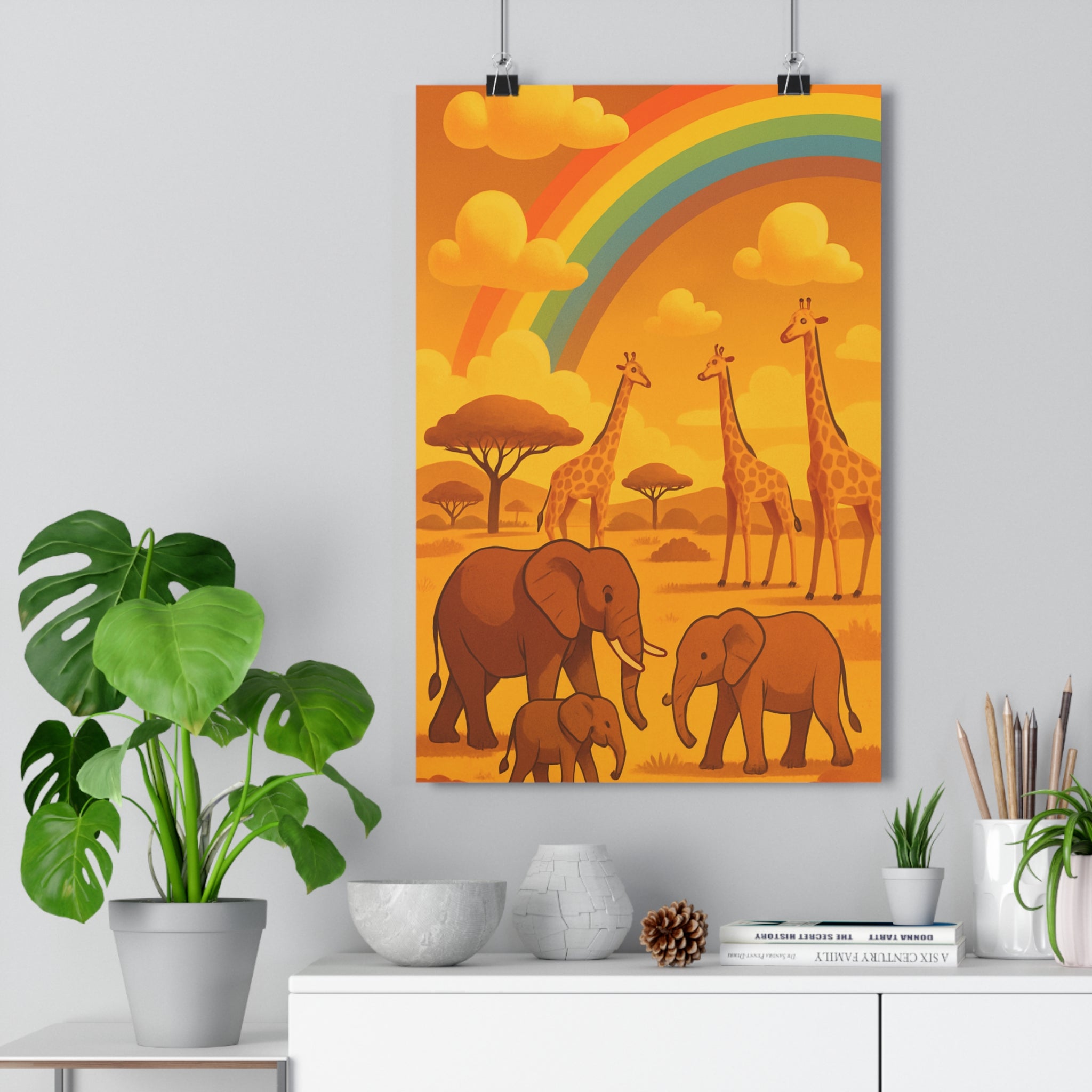 Poster décoratif cartoon jaune orange joyeux savane éléphants girafes enfants chambre safari nuages qualité