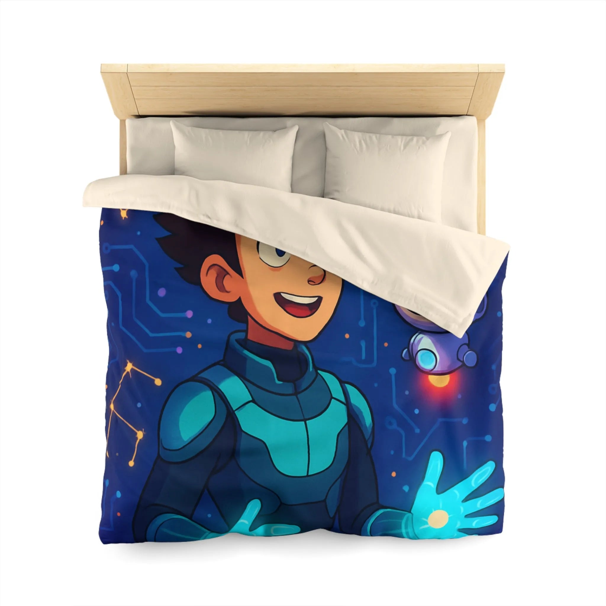 Housse de couette futuriste avec jeune héros et robot dans espace numérique éclatant
