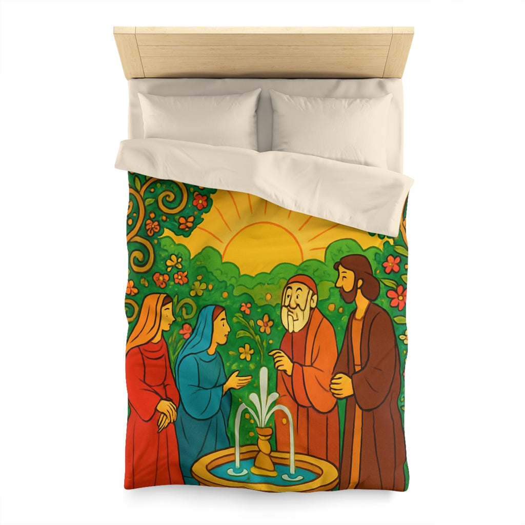 Housse de couette vibrante avec scène florale colorée et figures en discussion harmonieuse