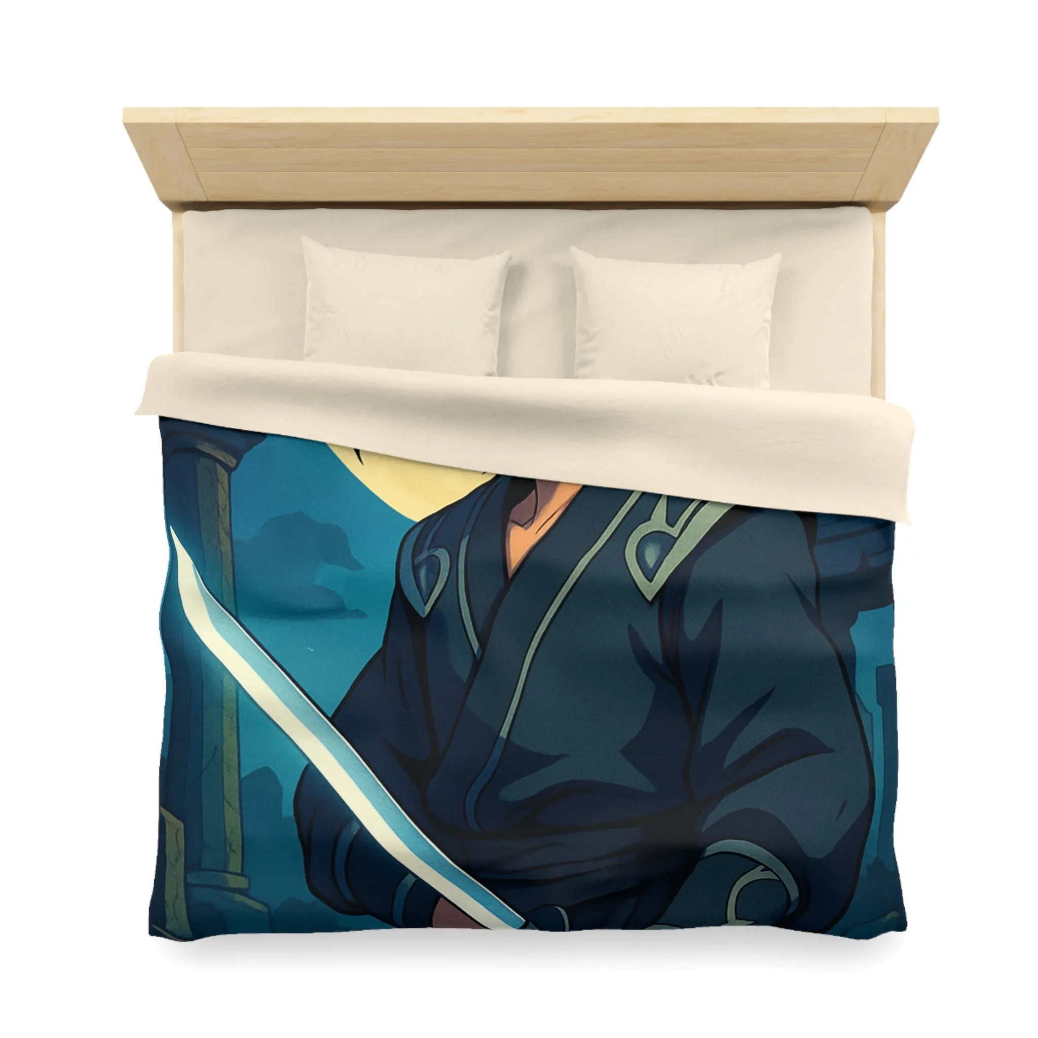 Housse de couette épique avec guerrier anime sous lune mystique et ruines anciennes