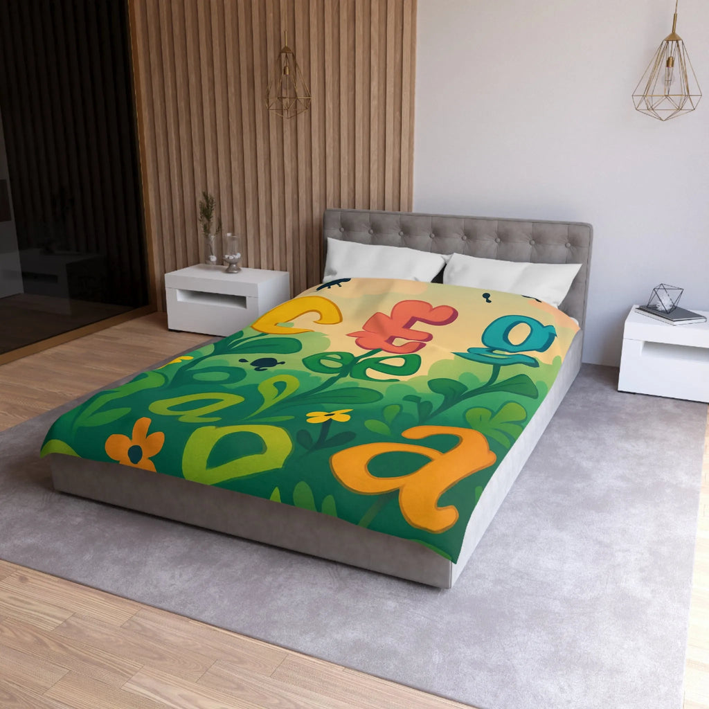 Housse de couette colorée avec lettres et fleurs pour chambre d'enfant joyeuse