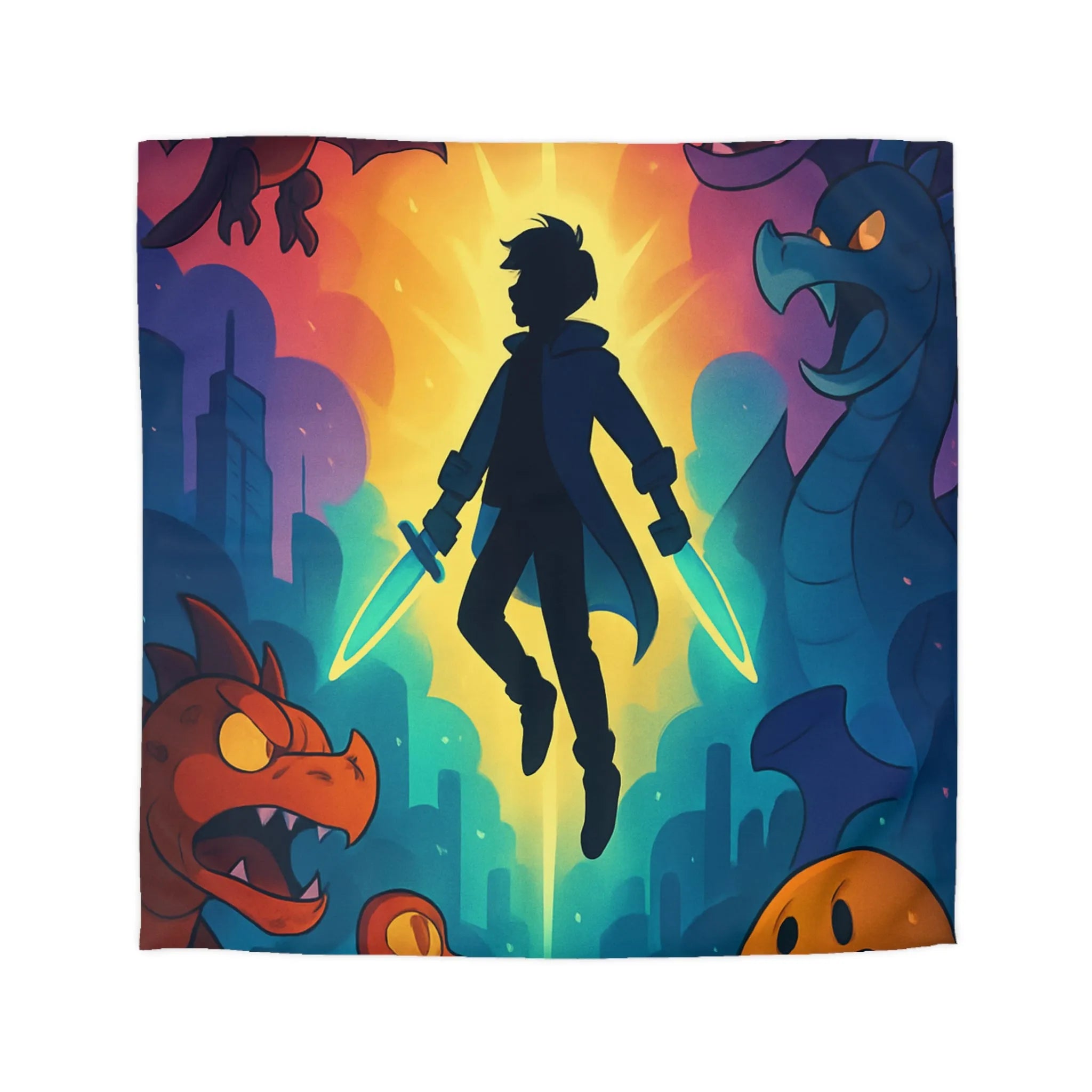 Housse de couette colorée avec créatures fantastiques, ambiance magique et design audacieux