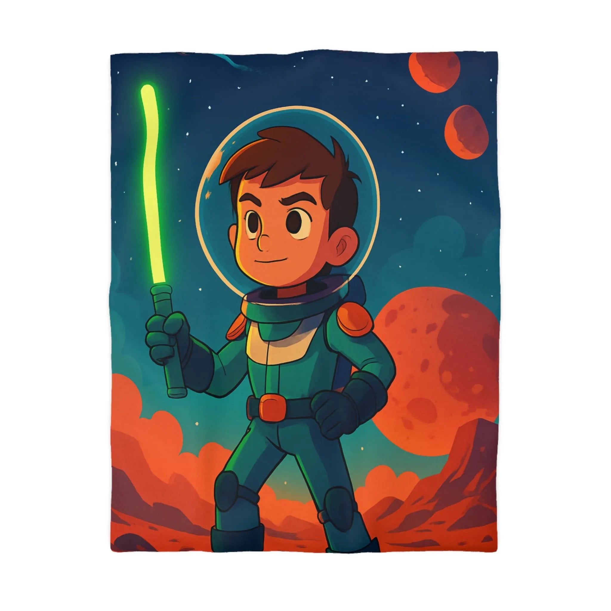 Housse de couette illustrée avec enfant astronaute et épée dans l'espace coloré