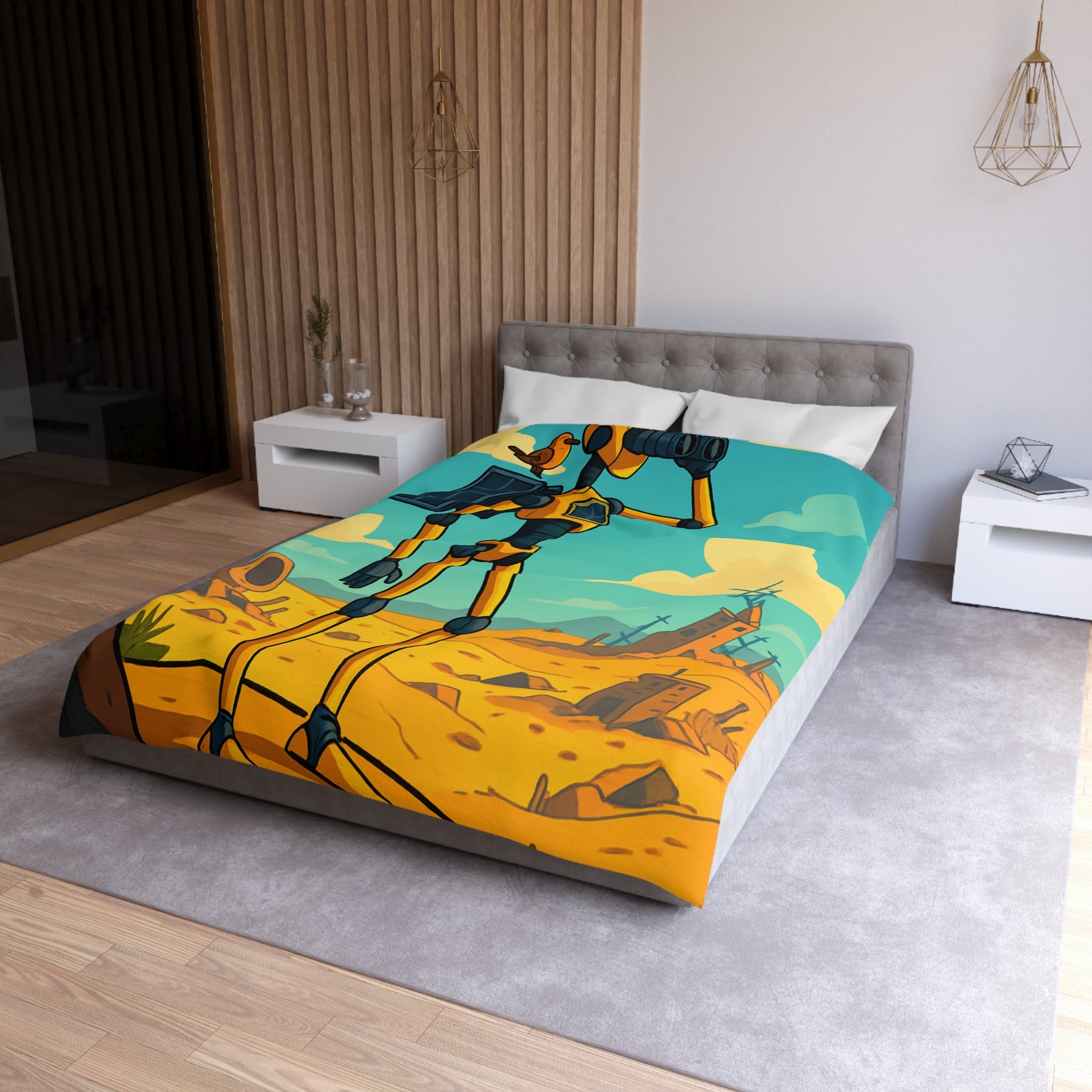 Housse de couette robot jaune explorateur dans désert post-apocalyptique avec oiseau