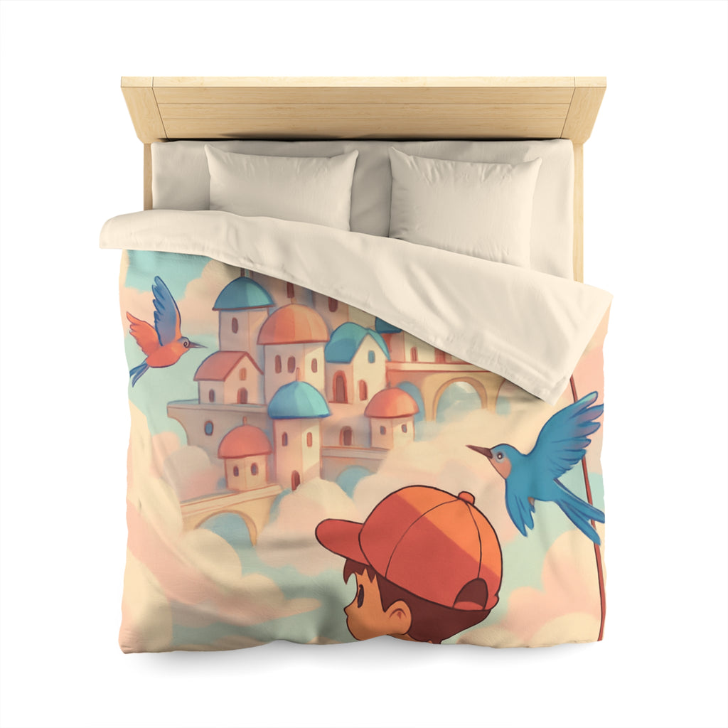 Housse de couette rêveuse avec enfant explorant un château céleste parmi les nuages