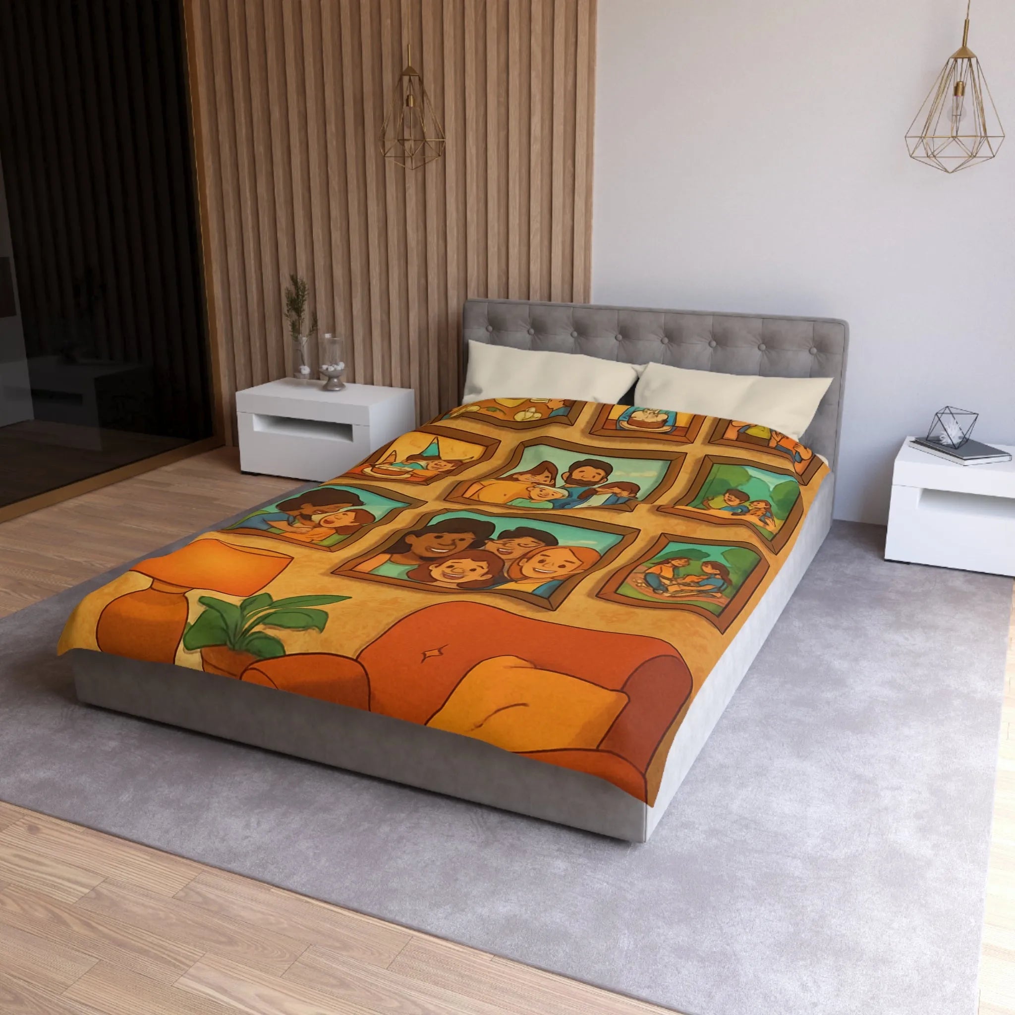 Housse de Couette Famille Heureuse avec Cadres Photo et Éléments Vintage pour Chambre