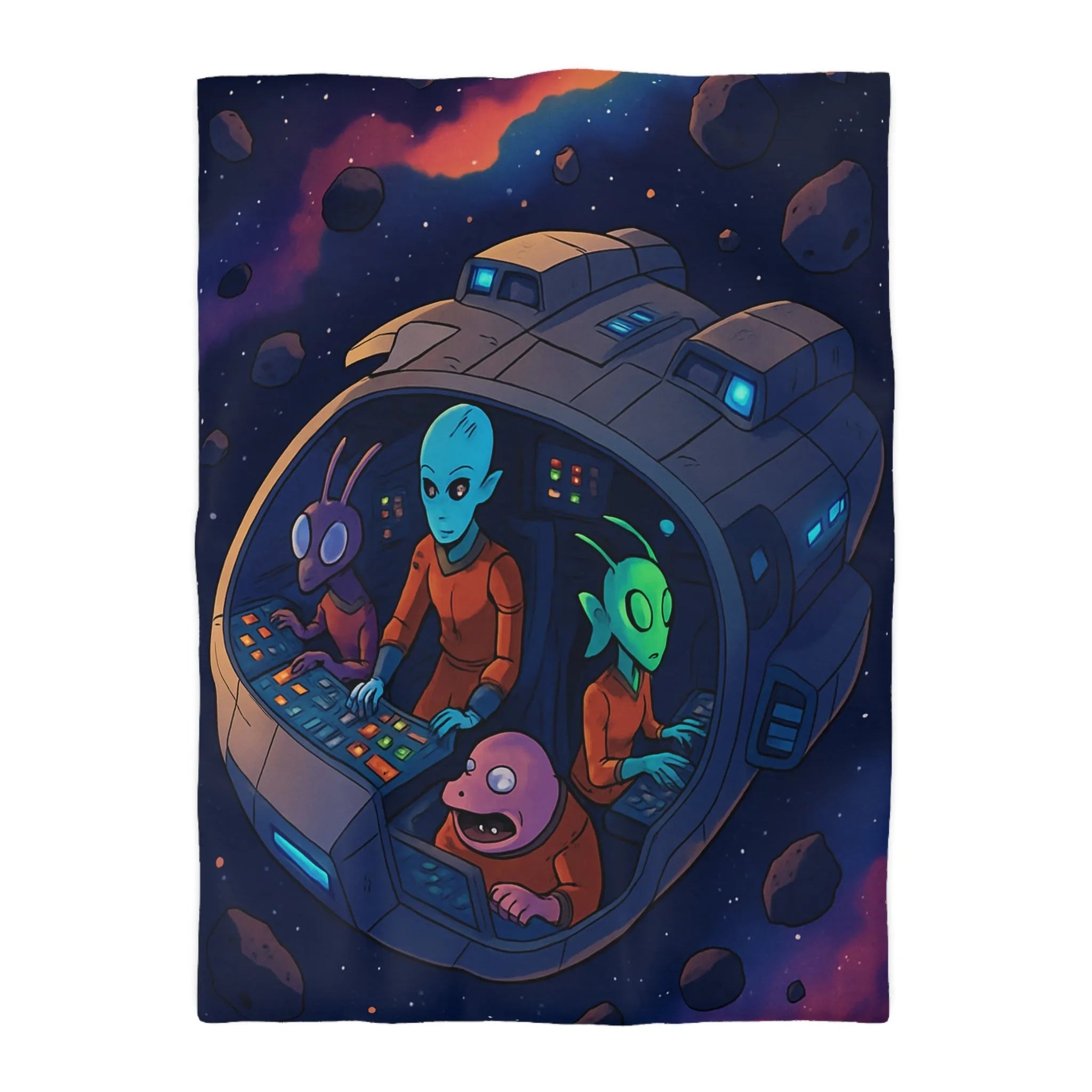 Housse de couette colorée avec extraterrestres dans un vaisseau spatial naviguant dans l'espace