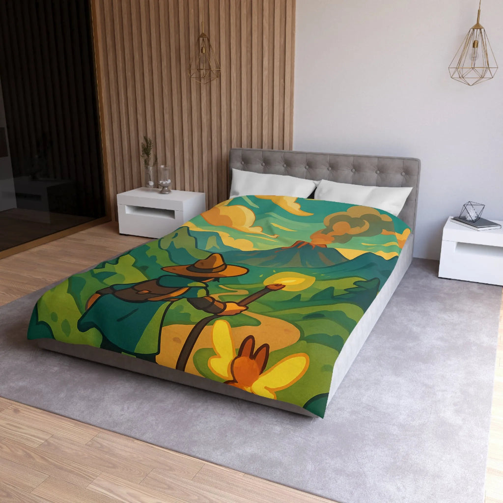 Housse de couette magique aventure volcan, randonnée féerique enchantée animaux rougeoyant lumineux