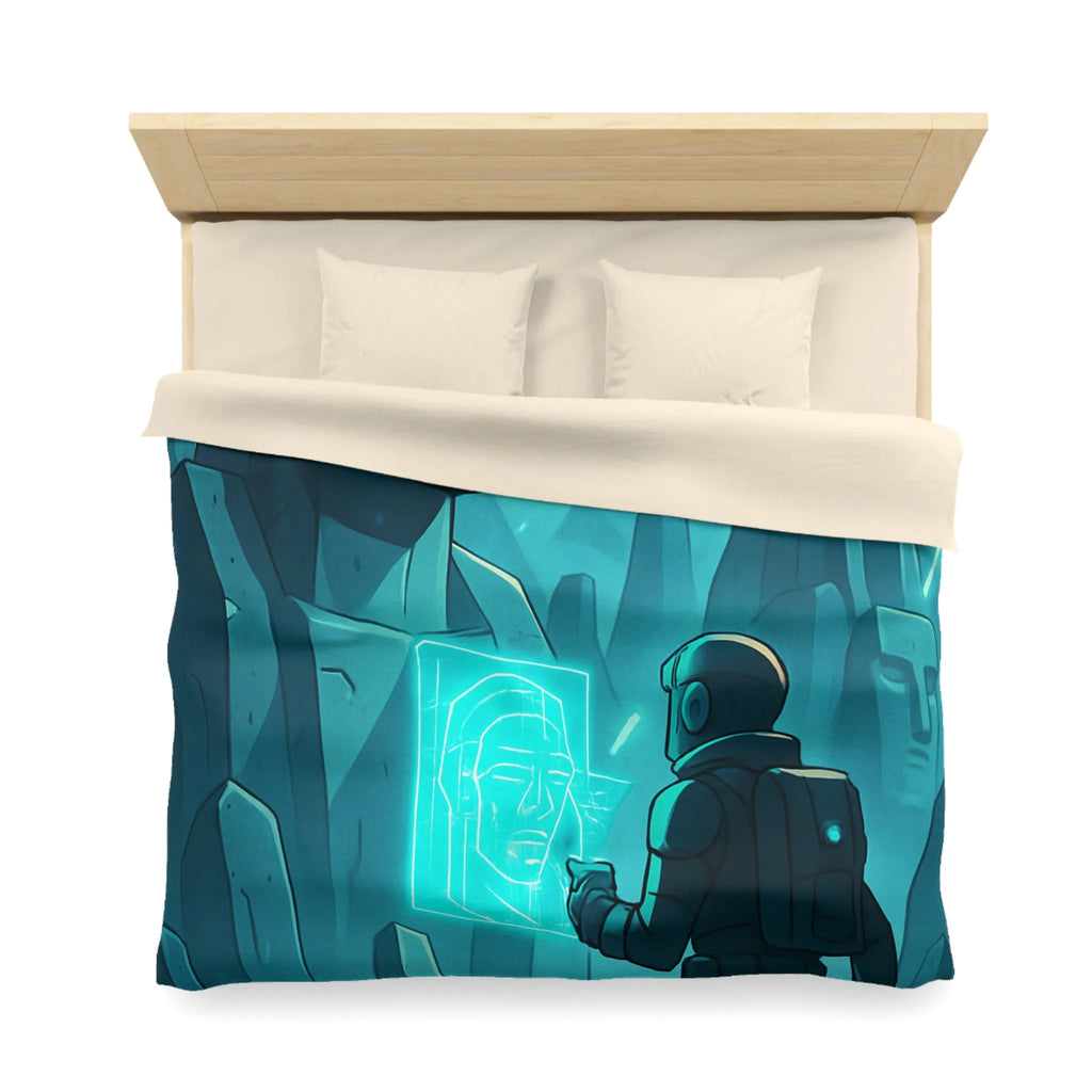 Housse de couette futuriste avec statues anciennes et explorateur dans une ambiance lumineuse néon