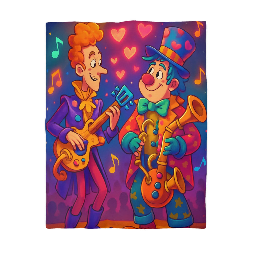 Housse de couette colorée avec musiciens joyeux jouant guitare et saxophone sous projecteurs