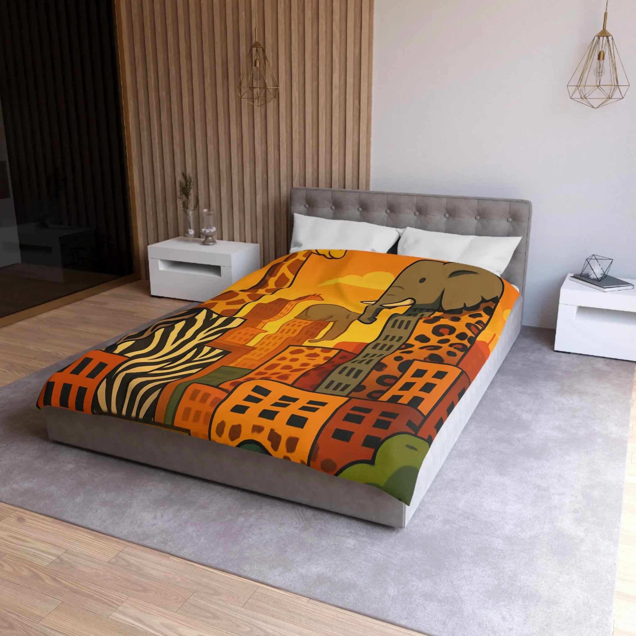 Housse de couette jungle urbaine : gratte-ciel animaux dans tons chauds, motif sauvage