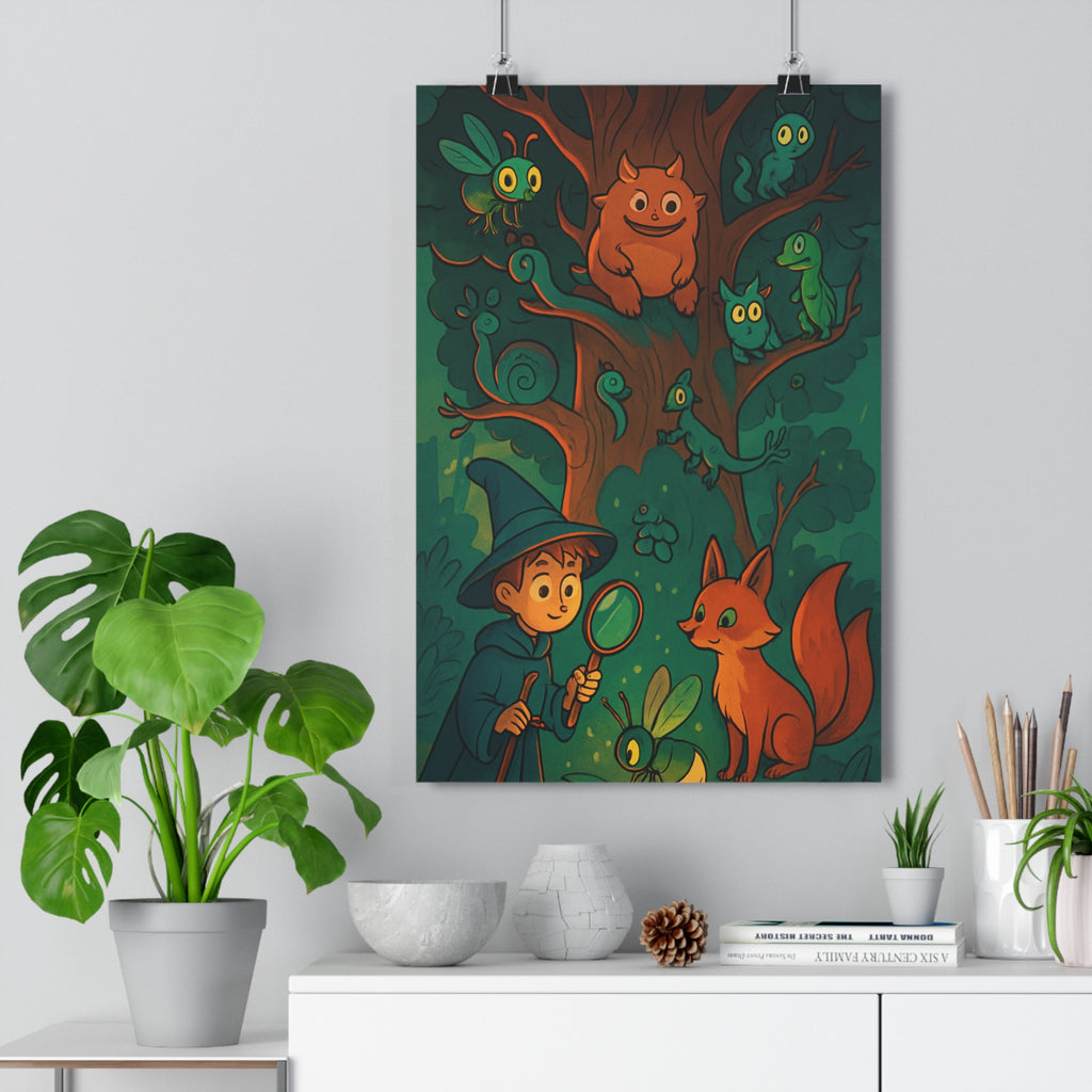Poster décoratif magique vert orange conte fées sorcier aventure chambre enfant mystique animaux qualité