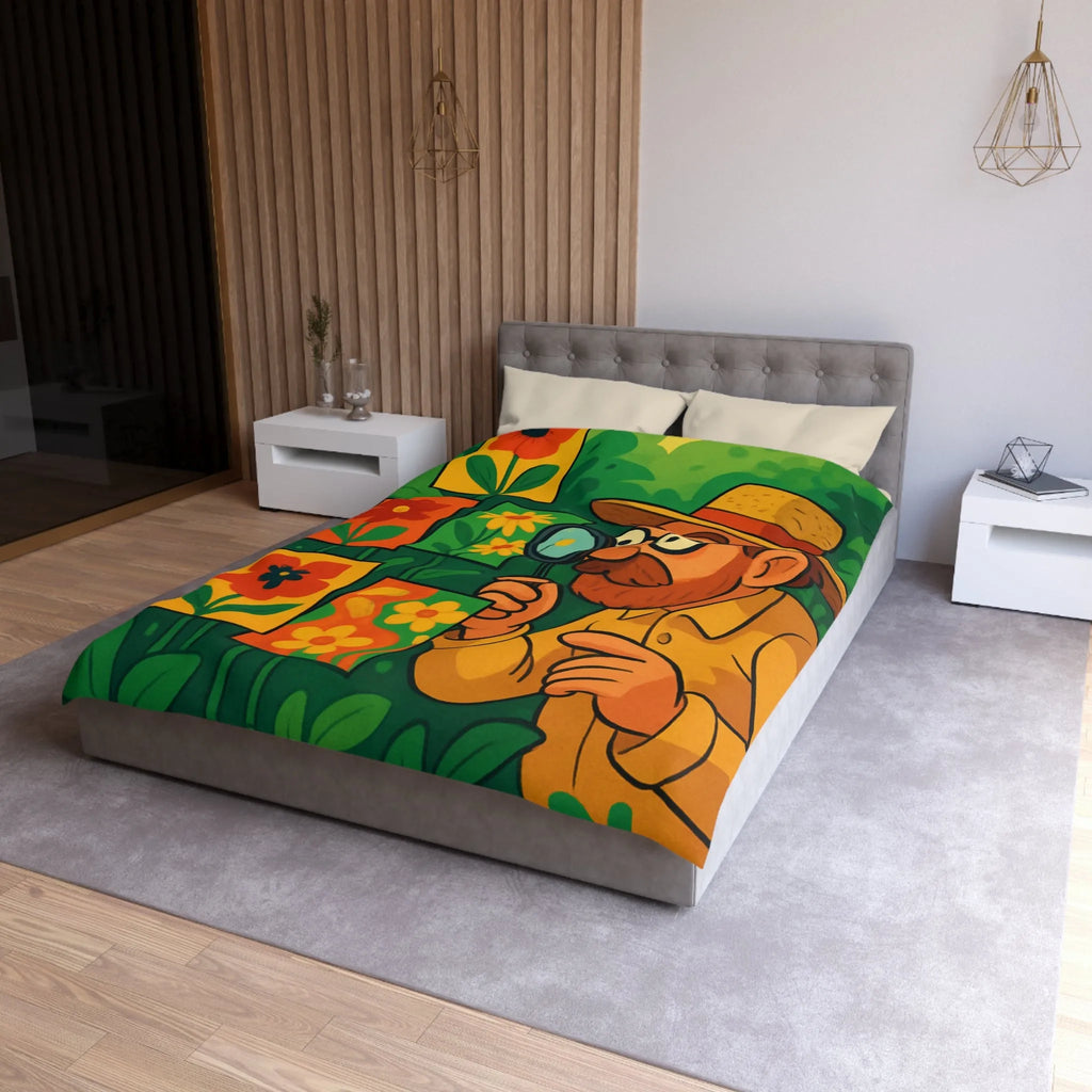 Housse de couette florale colorée avec botaniste examinant des illustrations en pleine nature