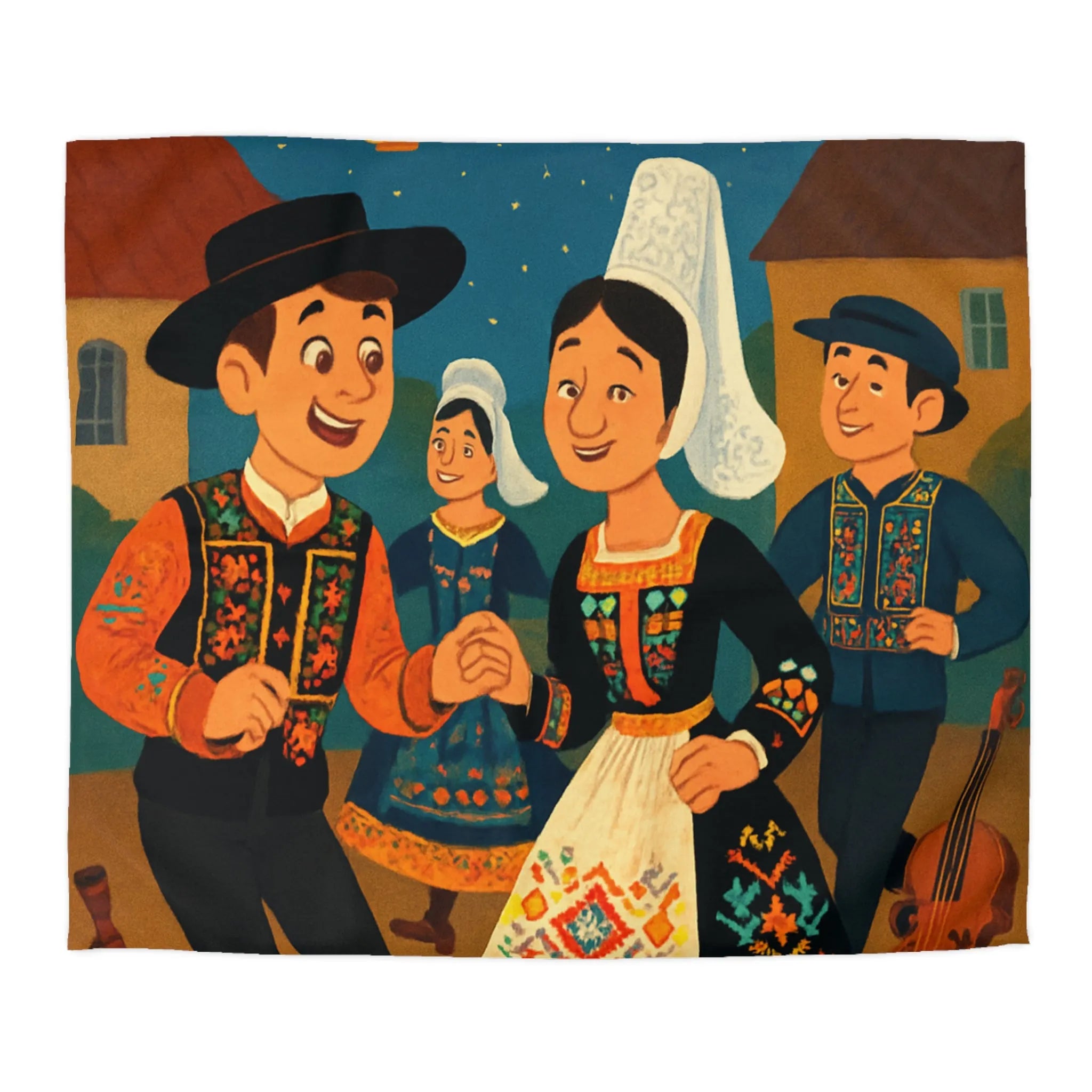 Housse de couette avec danse folklorique festive sous ciel étoilé et lanternes lumineuses