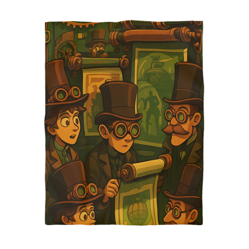 Housse de couette steampunk rétro vintage, illustration de gentlemen en chapeaux et engrenages