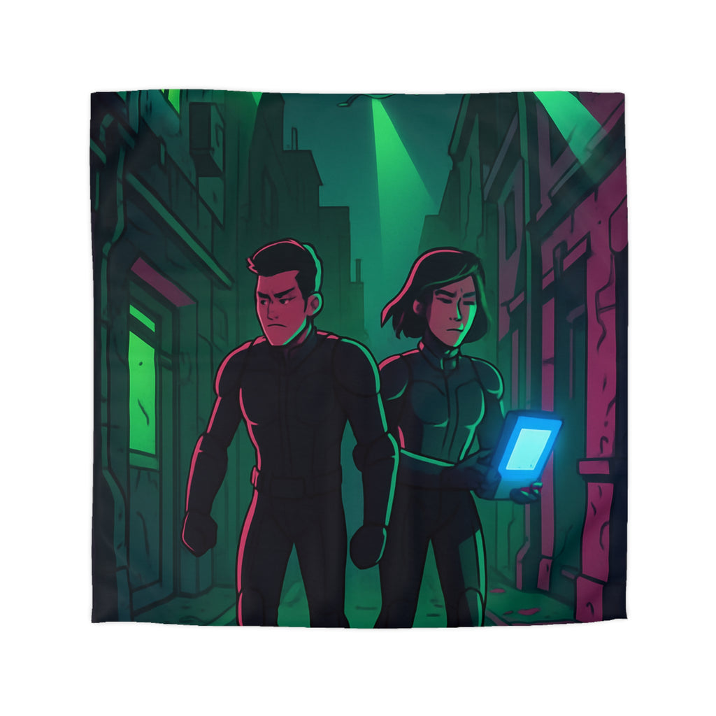 Housse de couette motif espionnage futuriste avec drones dans une ruelle mystérieuse