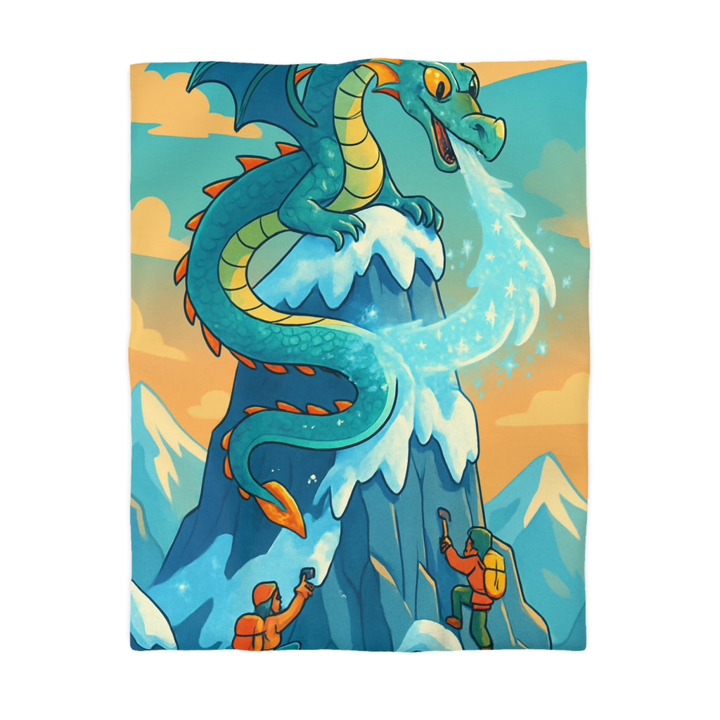 Montagne enneigée gardée par un dragon crachant de la glace, aventure épique illustrée