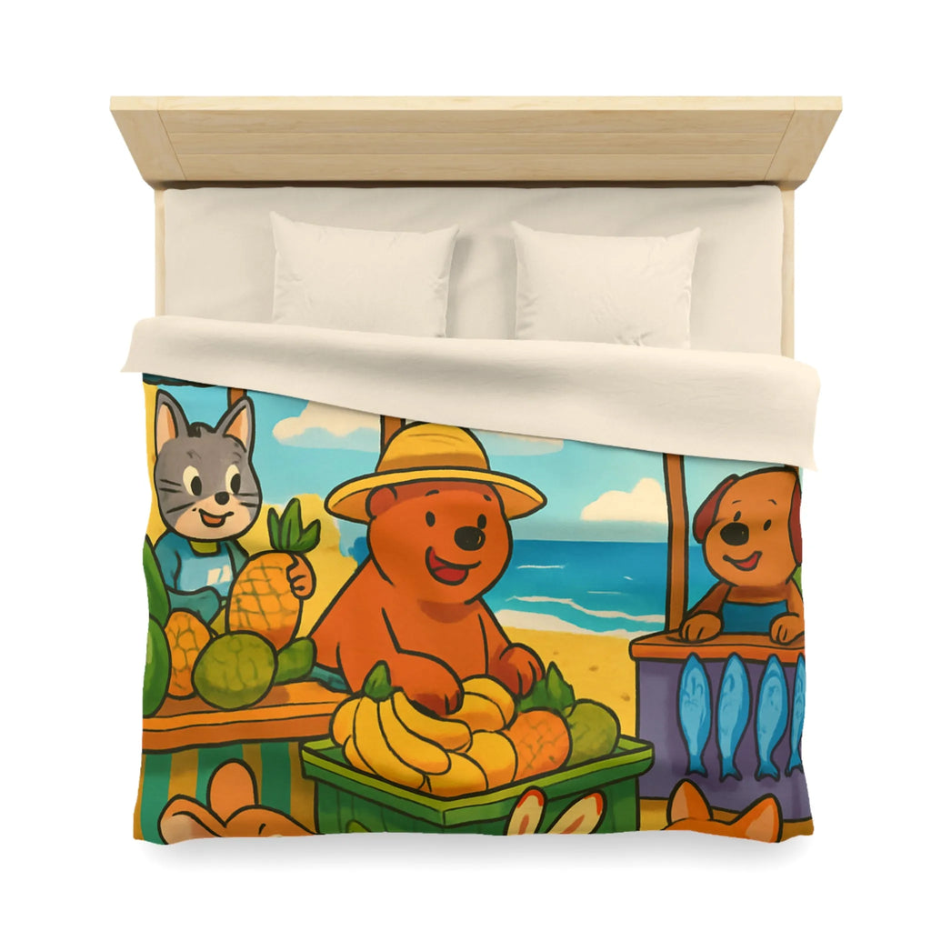 Housse de couette enfant avec animaux mignons sur plage et étals de fruits