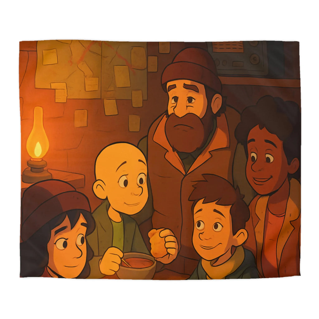 Housse de couette chaleureuse avec illustration d'un repas en famille dans un refuge