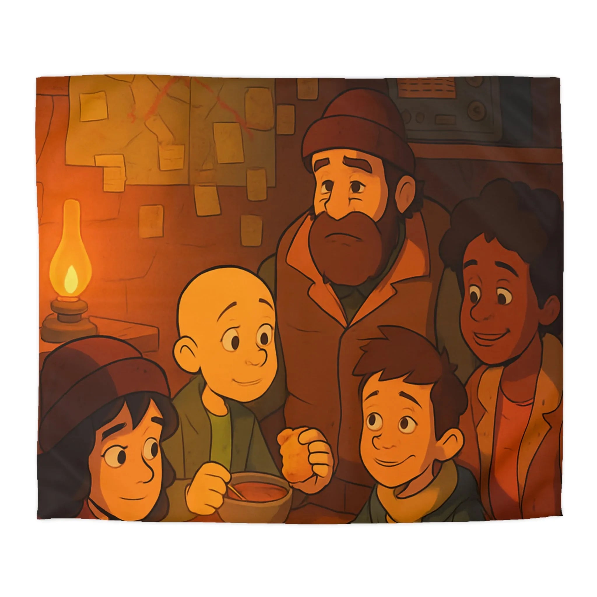 Housse de couette chaleureuse avec illustration d'un repas en famille dans un refuge