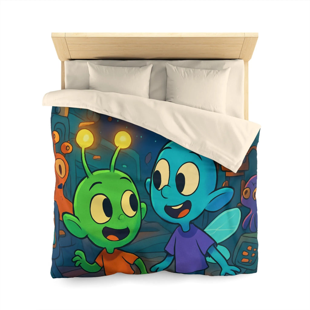 Housse de couette enfant extraterrestre bleu et vert dans vaisseau spatial coloré amusant