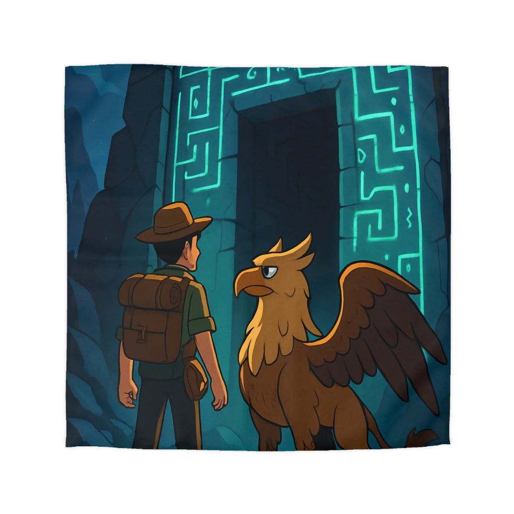 Housse de couette aventurier et griffon, rencontre mystique sous la lumière lunaire