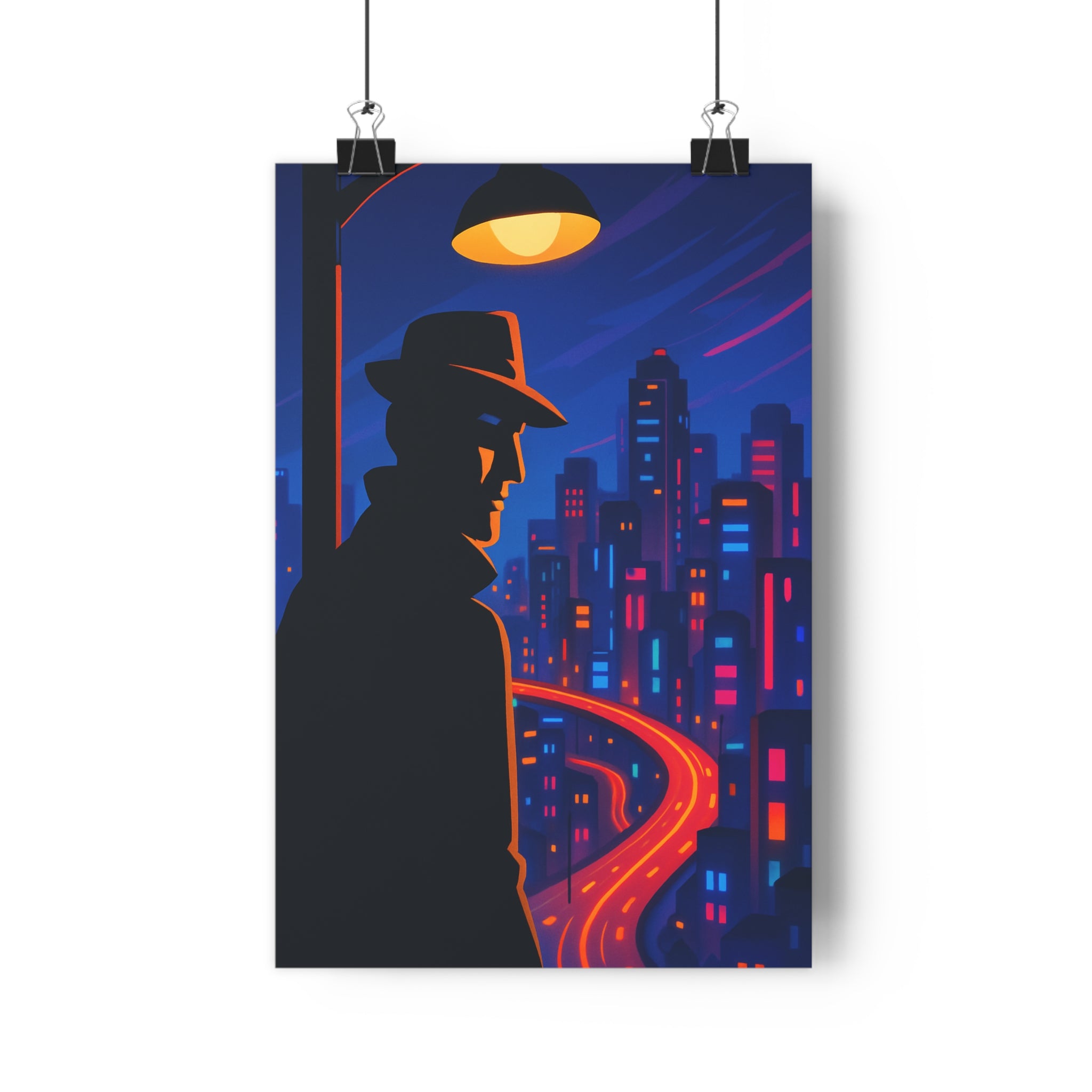 Poster décoratif urbain silhouette homme mystère bleu rouge cartoon lumineux salon moderne captivant qualité