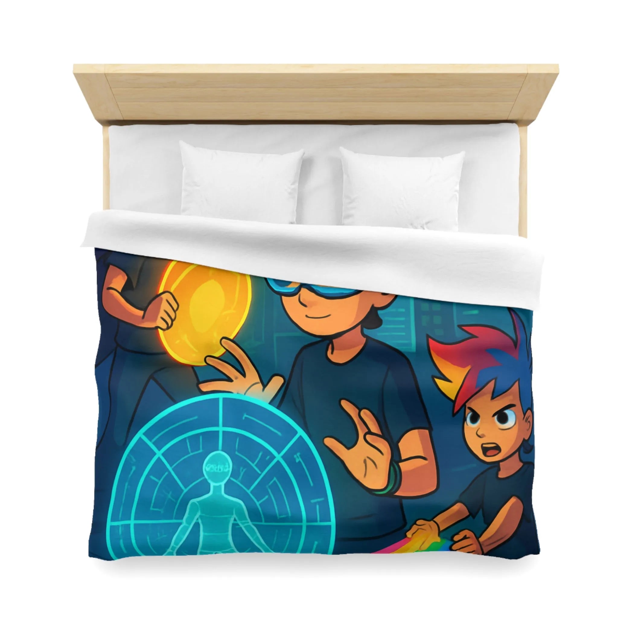 Housse de couette colorée avec enfants explorant un monde futuriste numérique et lumineux