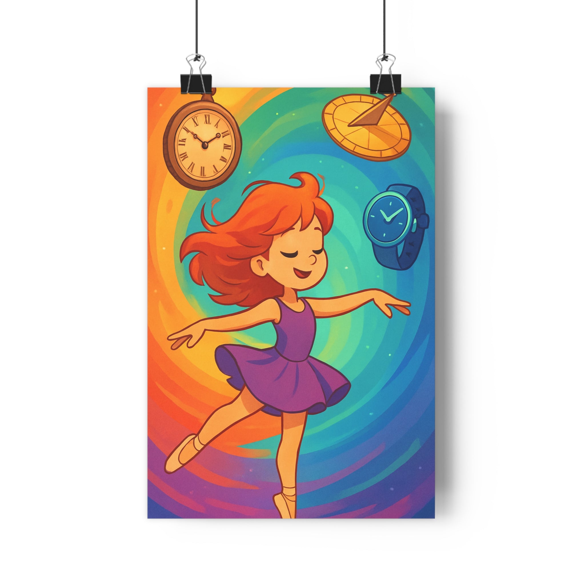 Poster décoratif artistique dynamique voyage temps horloge jaune bleu joyeux salon chambre fille qualité