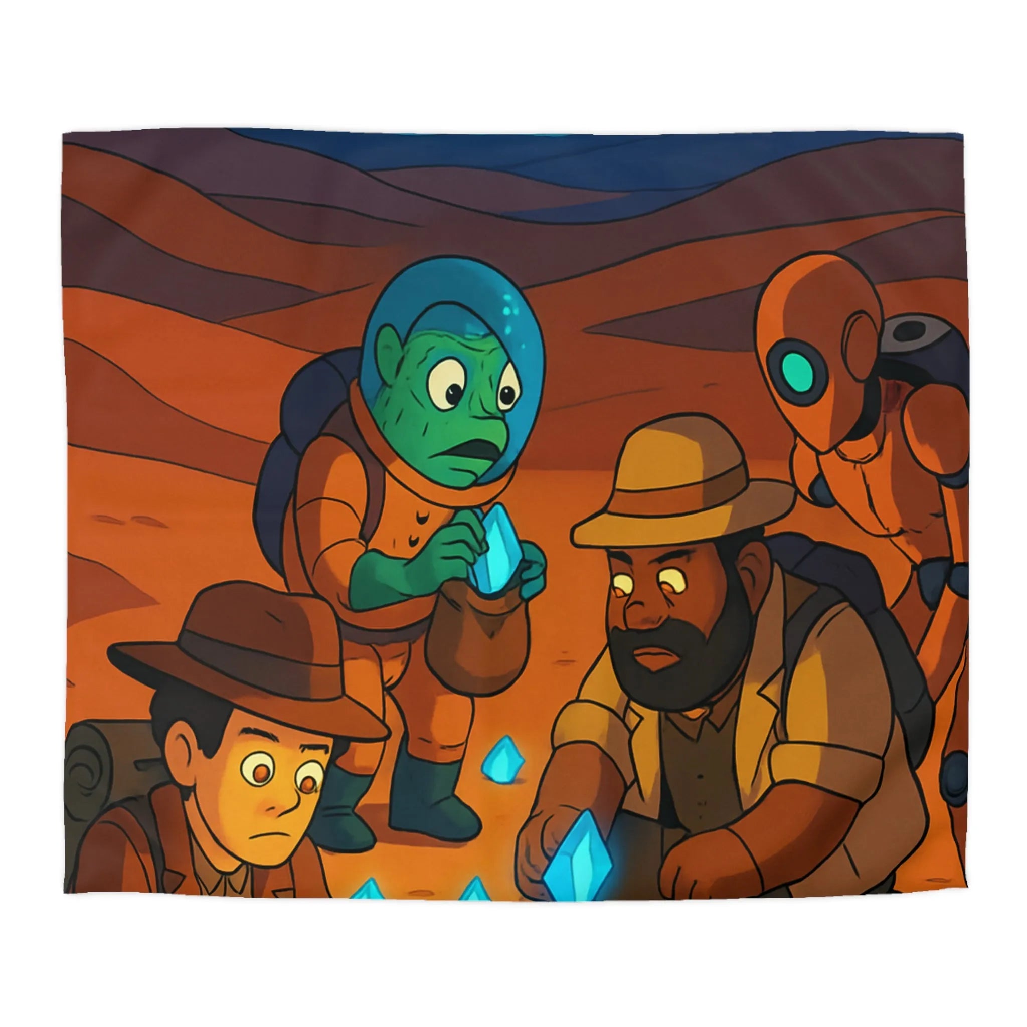 Exploration fascinante de cristaux mystérieux sur une planète désertique avec aventuriers et robot