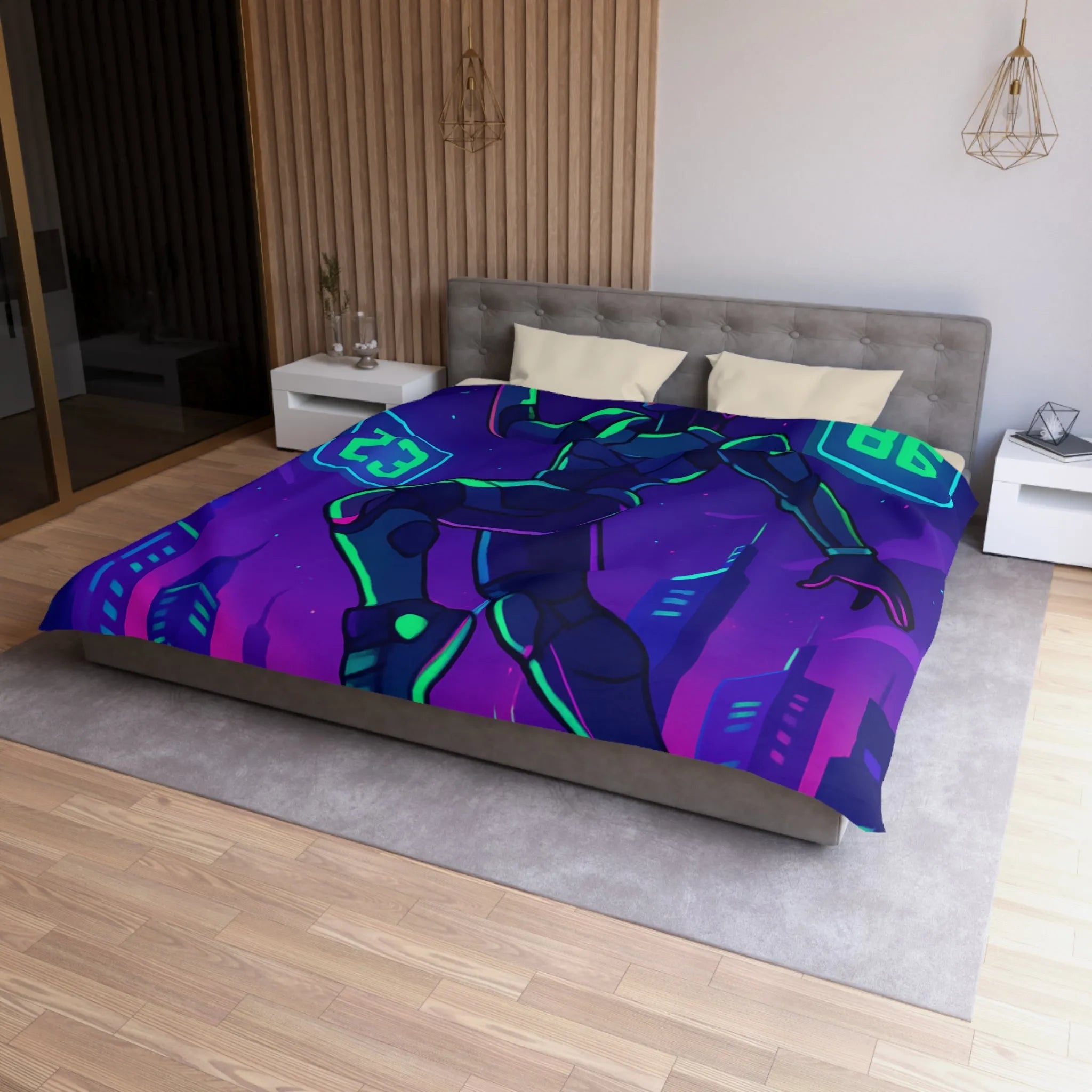 Housse de Couette Futuriste avec Robot Jouant au Basketball Lumineux dans Ville Néon