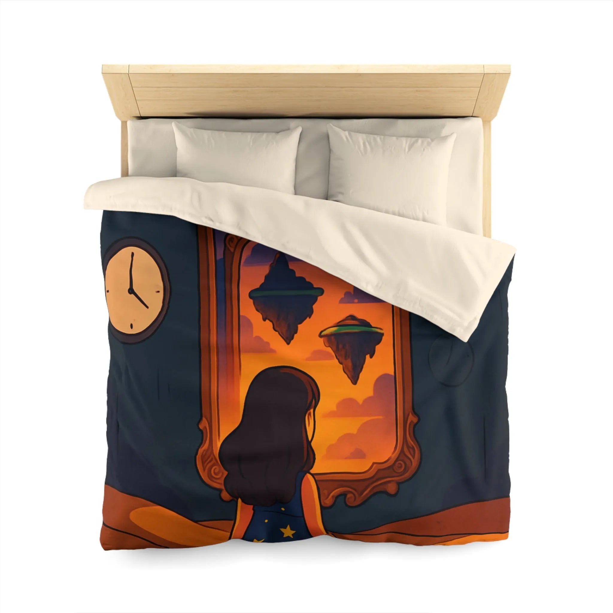 Housse de couette magique: paysage flottant, horloges rêveuses et fille contemplative