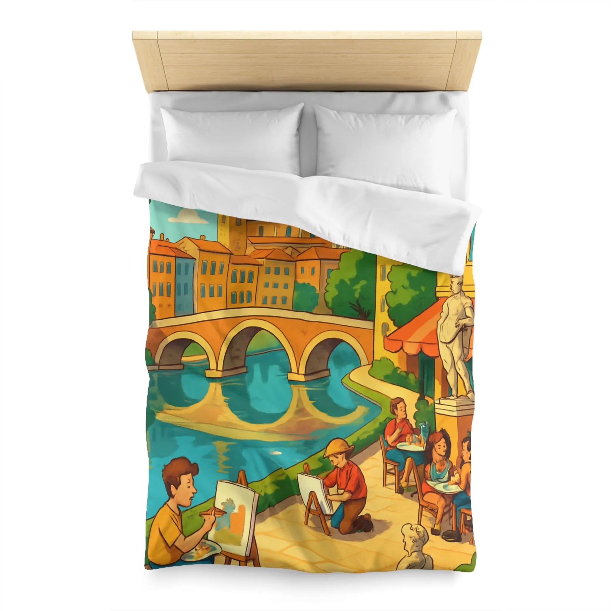 Housse de couette inspirée de ville artistique avec pont et cathédrale colorée