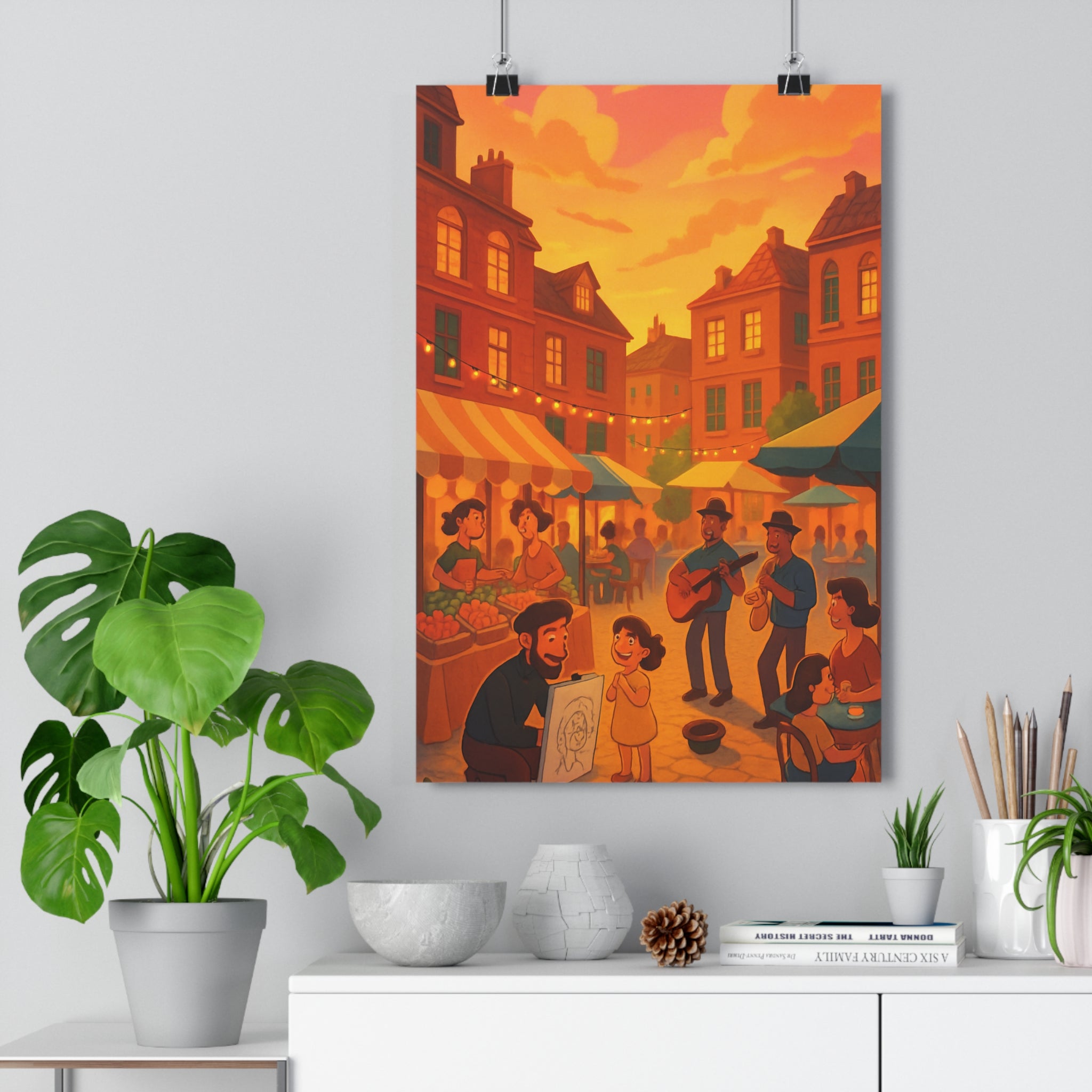 Poster décoratif animé coloré vibrant joyeux salon chambre musique guirlandes marché guitare saxophone dessin